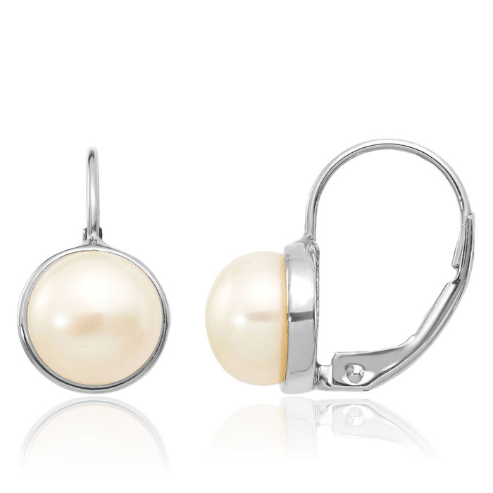 14K Solid White Gold 6mm Button Freshwater Cultured Pearl Drop Dangle Earrings