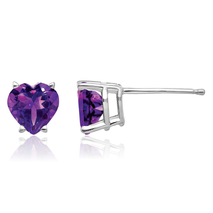 14K Solid White Gold 6mm Heart Purple Amethyst Studs Gemstone Earrings February Birthstone Jewelry