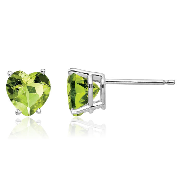 14K Solid White Gold 6mm Heart Green Peridot Studs Gemstone Earrings August Birthstone Jewelry