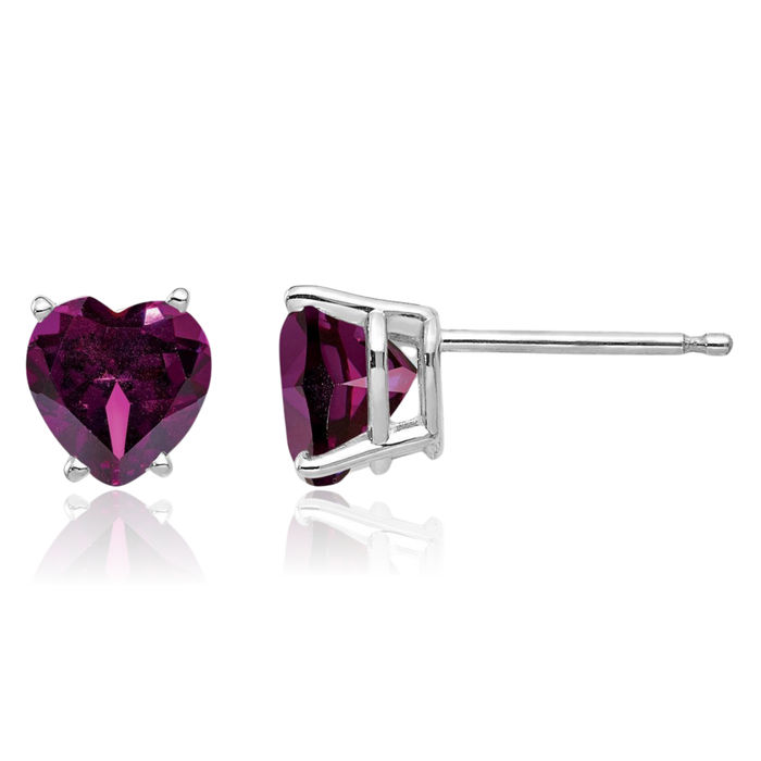 14K Solid White Gold 6mm Heart Purple Rhodolite Garnet Studs Gemstone Earrings June Birthstone Jewelry