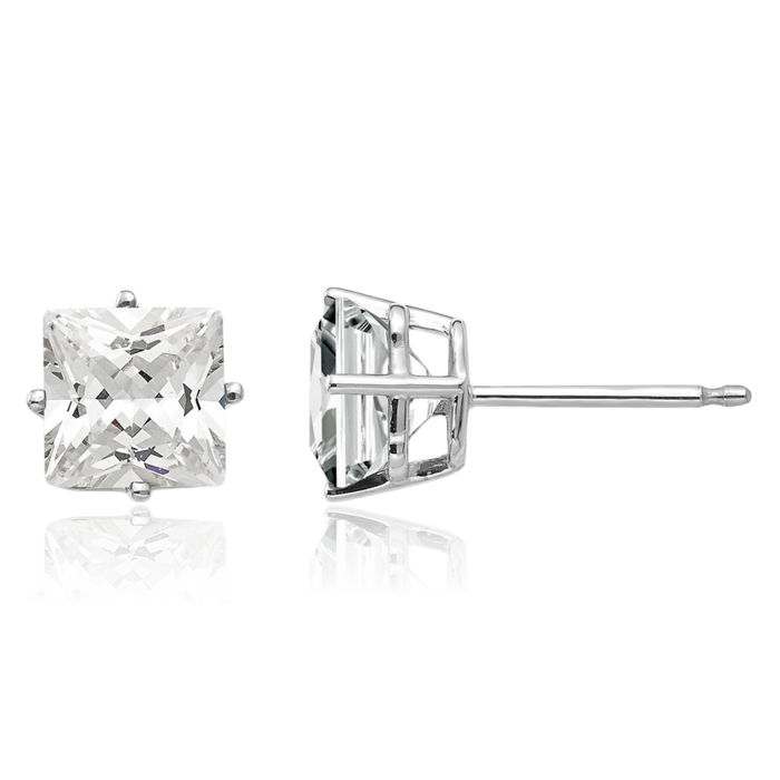 14K Solid White Gold 6mm Princess-Cut Square Cubic Zirconia CZ Studs Gemstone Solitaire Earrings April Birthstone Jewelry