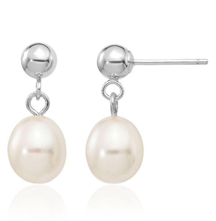 14K Solid White Gold 6mm Rice Freshwater Cultured Pearl Post Drop Dangle Earrings