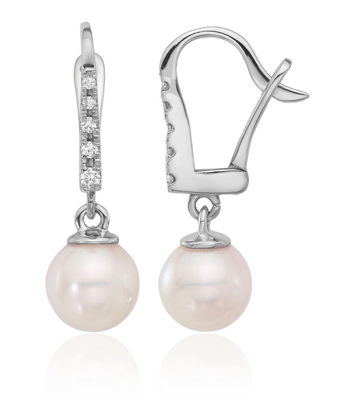 14K Solid White Gold 6mm Round Akoya Saltwater Cultured Pearl .085 Diamond Drop Dangle Earrings