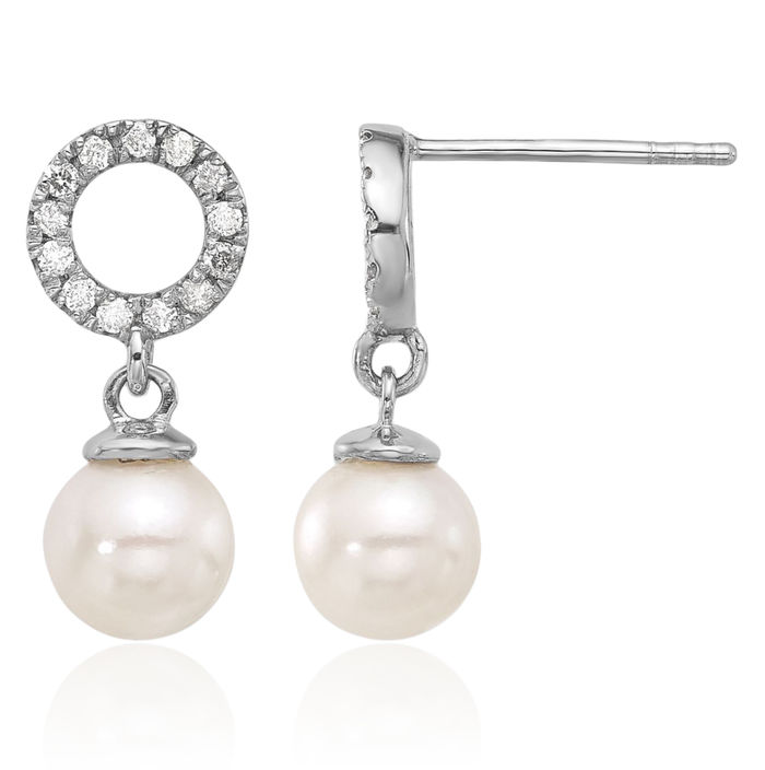 14K Solid White Gold 6mm Round Akoya Saltwater Cultured Pearl Diamond Post Drop Dangle Earrings