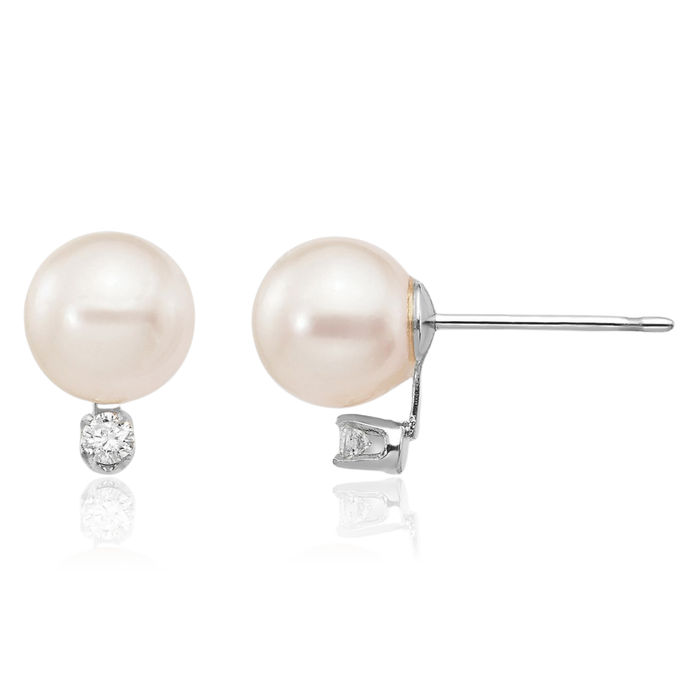 14K Solid White Gold 6mm Round Akoya Saltwater Cultured Pearl Diamond Stud Earrings