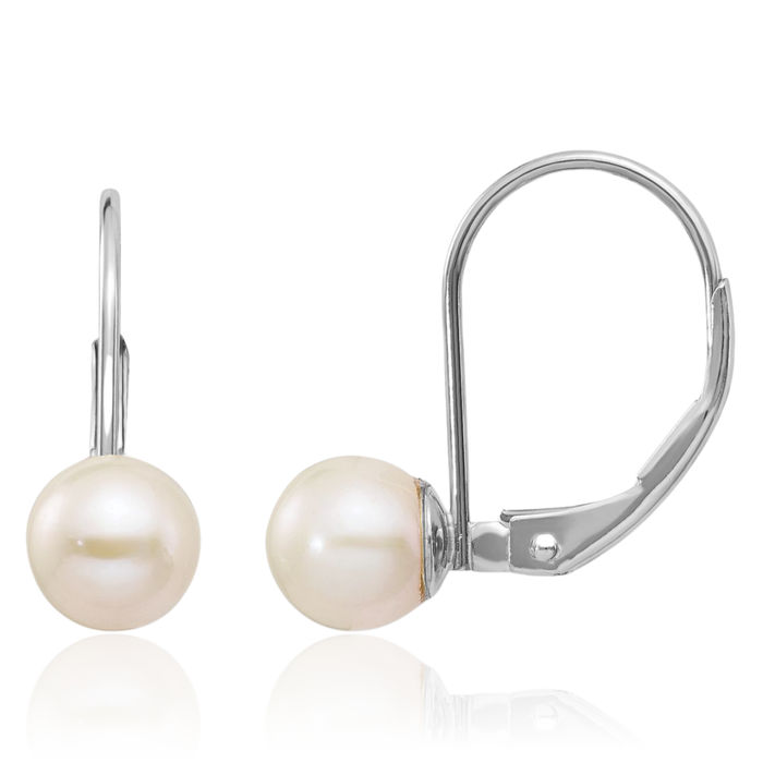 14K Solid White Gold 6mm Round Freshwater Cultured Pearl Drop Dangle Earrings Gemstone