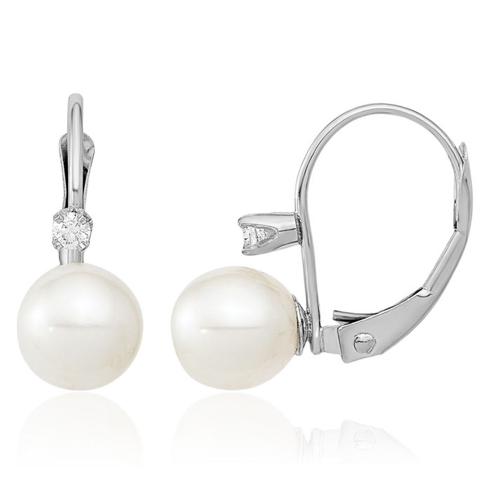 14K Solid White Gold 6mm Round Freshwater Cultured Pearl Diamond Drop Dangle Earrings