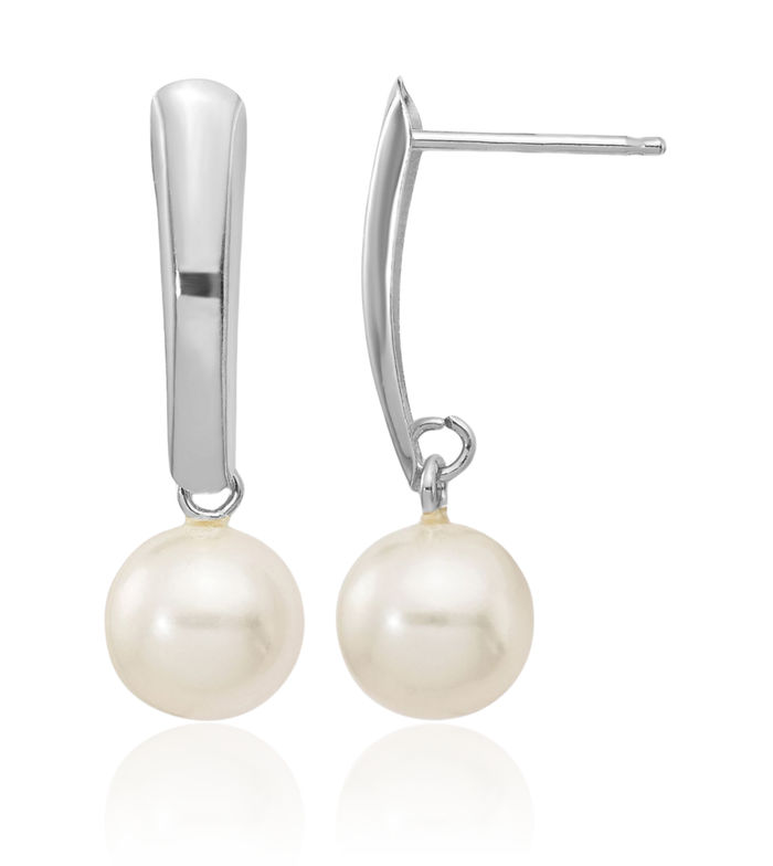 14K Solid White Gold 6mm Round Freshwater Cultured Pearl Post Drop Dangle Earrings