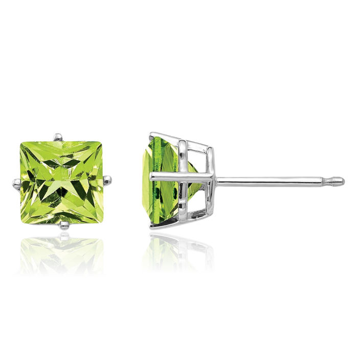 14K Solid White Gold 6mm Square Step Cut Green Peridot Studs Gemstone Solitaire Earrings August Birthstone Jewelry