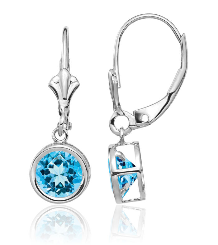 14K Solid White Gold 6mm Swiss Blue Topaz Drop Dangle Earrings Gemstone December Birthstone Jewelry