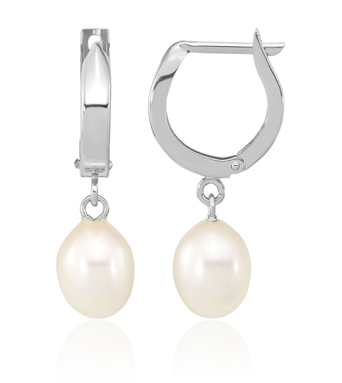 14K Solid White Gold 6mm Teardrop Freshwater Cultured Pearl Medium Hoop Drop Dangle Earrings