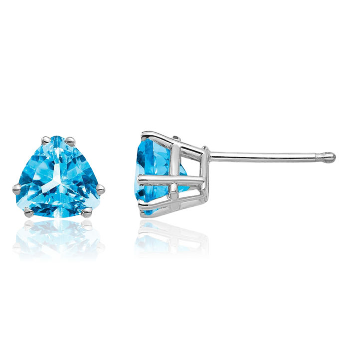 14K Solid White Gold 6mm Trillion Swiss Blue Topaz Studs Gemstone Solitaire Earrings December Birthstone Jewelry