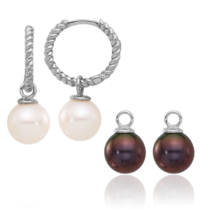 14K Solid White Gold 7mm Black Freshwater Cultured Pearl Removable Medium Endless Hoop Drop Dangle Earrings