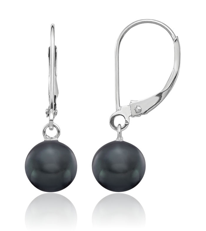 14K Solid White Gold 7mm Black Round Freshwater Cultured Pearl Drop Dangle Earrings Gemstone