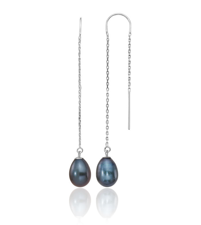 14K Solid White Gold 7mm Black Teardrop Freshwater Cultured Pearl Threader Drop Dangle Earrings