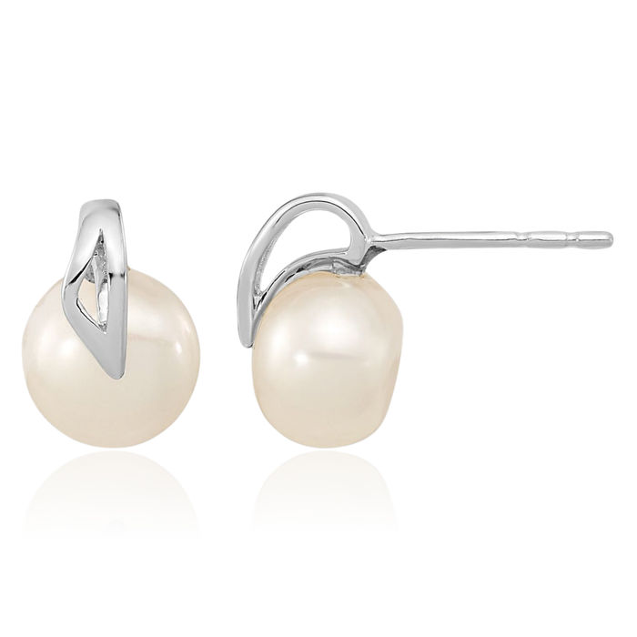 14K Solid White Gold 7mm Button Freshwater Cultured Pearl Stud Earrings