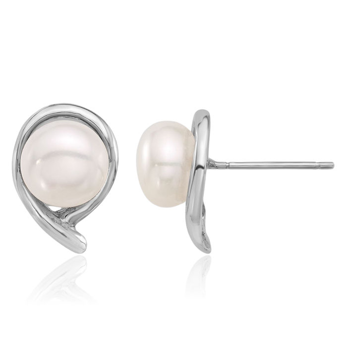 14K Solid White Gold 7mm Button Freshwater Cultured Pearl Stud Earrings