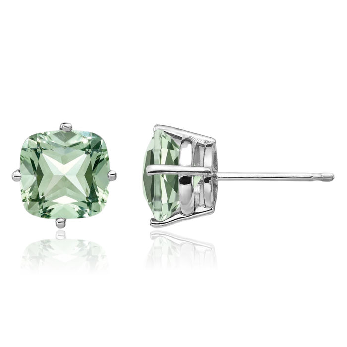 14K Solid White Gold 7mm Cushion-Cut Green Quartz Studs Gemstone Earrings August Birthstone Jewelry