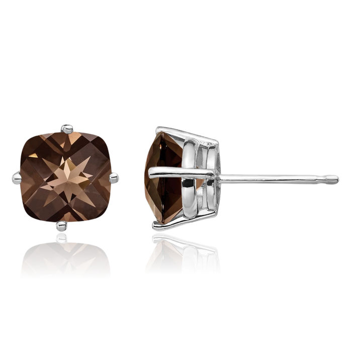 14K Solid White Gold 7mm Cushion-Cut Brown Smoky Quartz Studs Gemstone Earrings June Birthstone Jewelry