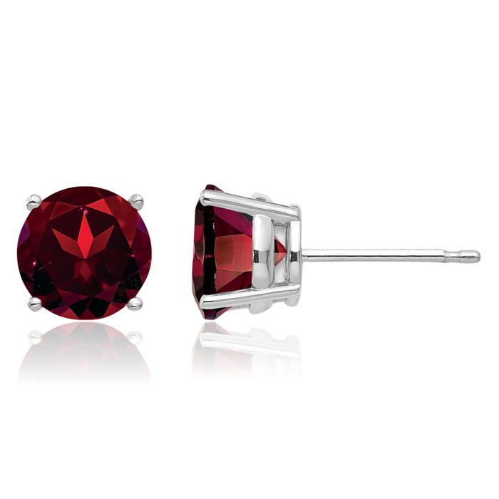 14K Solid White Gold 7mm Red Garnet Studs Gemstone Solitaire Earrings January Birthstone Jewelry