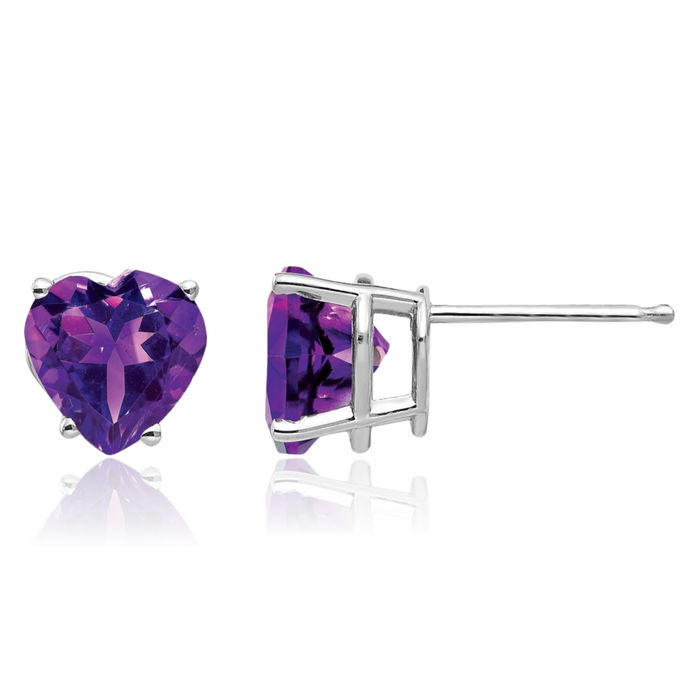 14K Solid White Gold 7mm Heart Purple Amethyst Studs Gemstone Earrings February Birthstone Jewelry