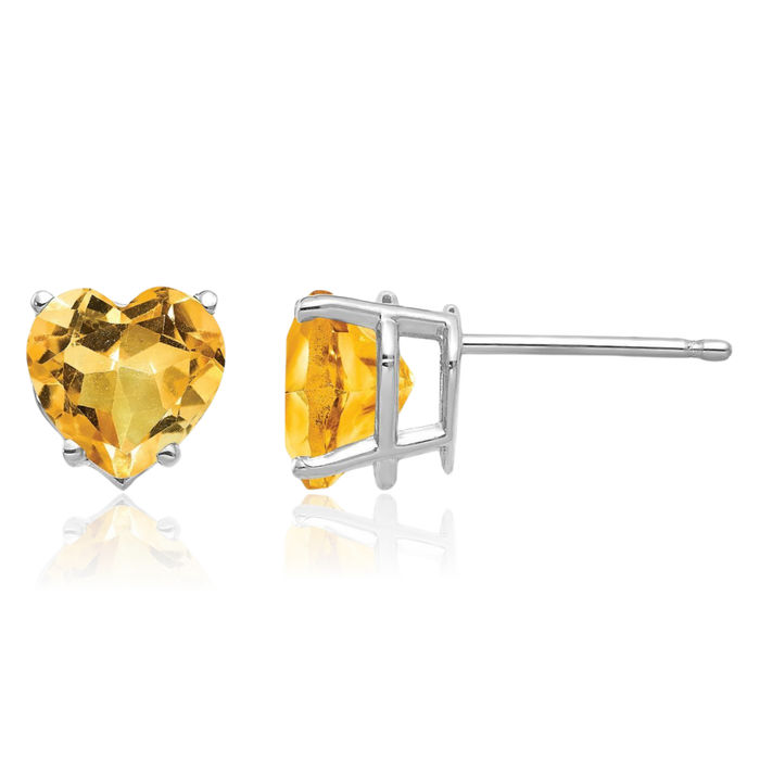 14K Solid White Gold 7mm Heart Yellow Orange Citrine Studs Gemstone Earrings November Birthstone Jewelry