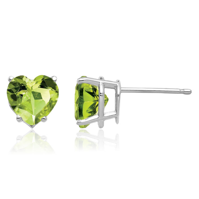 14K Solid White Gold 7mm Heart Green Peridot Studs Gemstone Earrings August Birthstone Jewelry