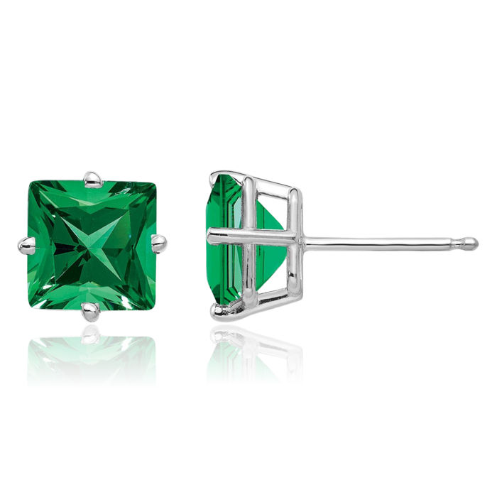 14K Solid White Gold 7mm Princess-Cut Square Mount Saint Helens Green Helenite Studs Gemstone Solitaire Earrings