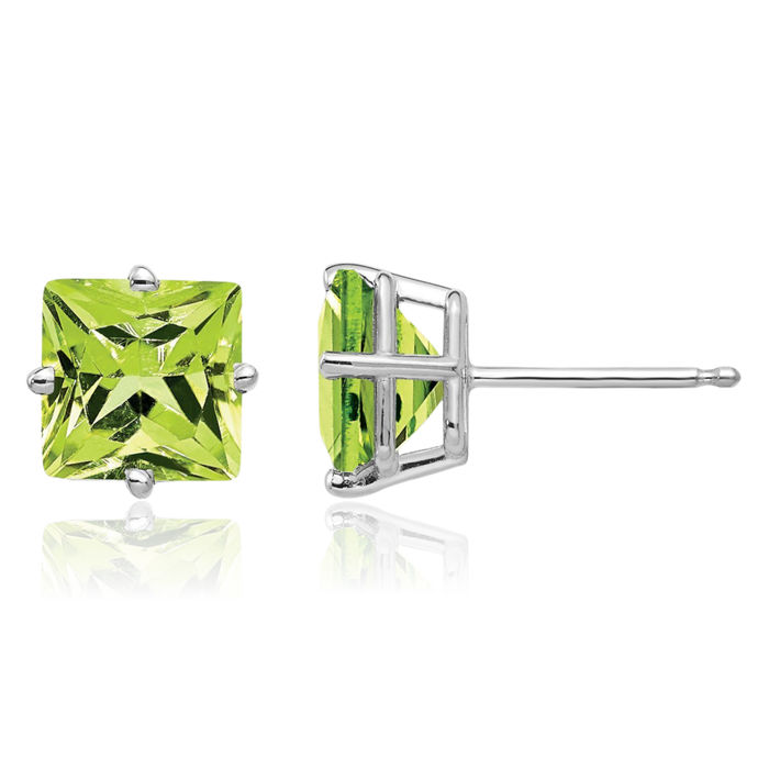 14K Solid White Gold 7mm Princess-Cut Square Green Peridot Studs Gemstone Solitaire Earrings August Birthstone Jewelry