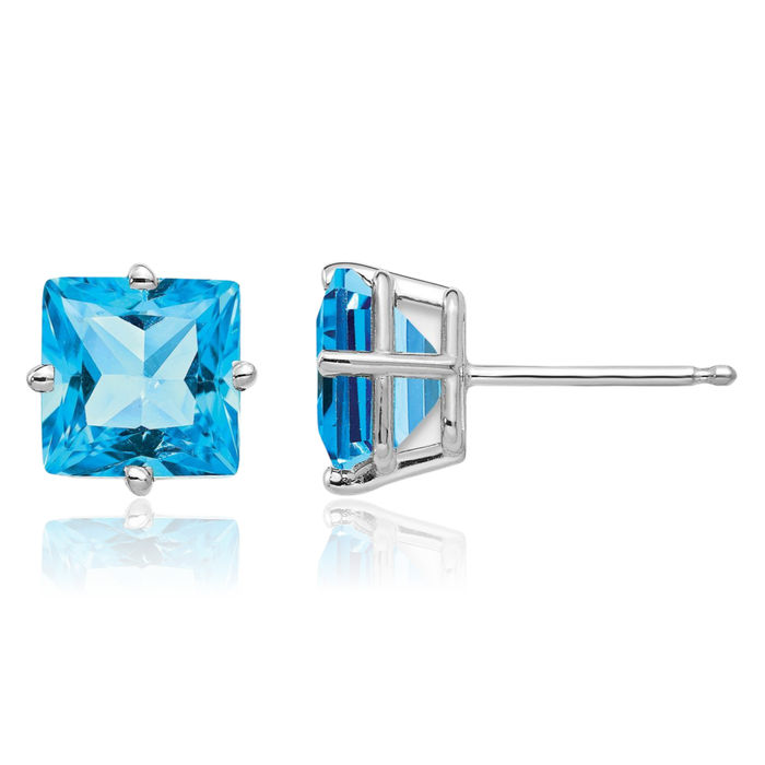 14K Solid White Gold 7mm Princess-Cut Square Swiss Blue Topaz Studs Gemstone Solitaire Earrings December Birthstone Jewelry