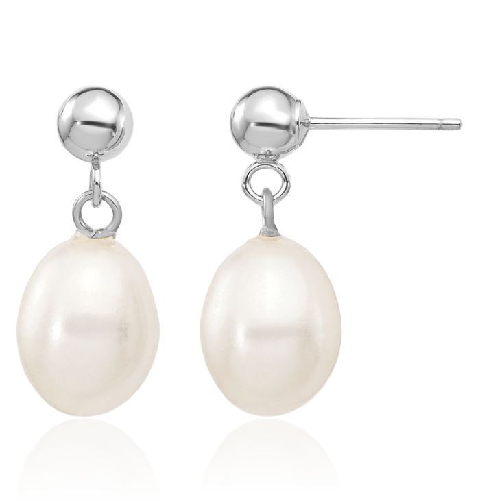 14K Solid White Gold 7mm Rice Freshwater Cultured Pearl Post Drop Dangle Earrings