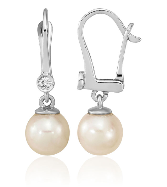 14K Solid White Gold 7mm Round Akoya Saltwater Cultured Pearl Diamond Drop Dangle Earrings