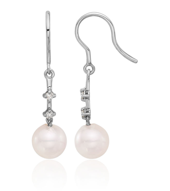 14K Solid White Gold 7mm Round Akoya Saltwater Cultured Pearl Diamond Drop Dangle Earrings