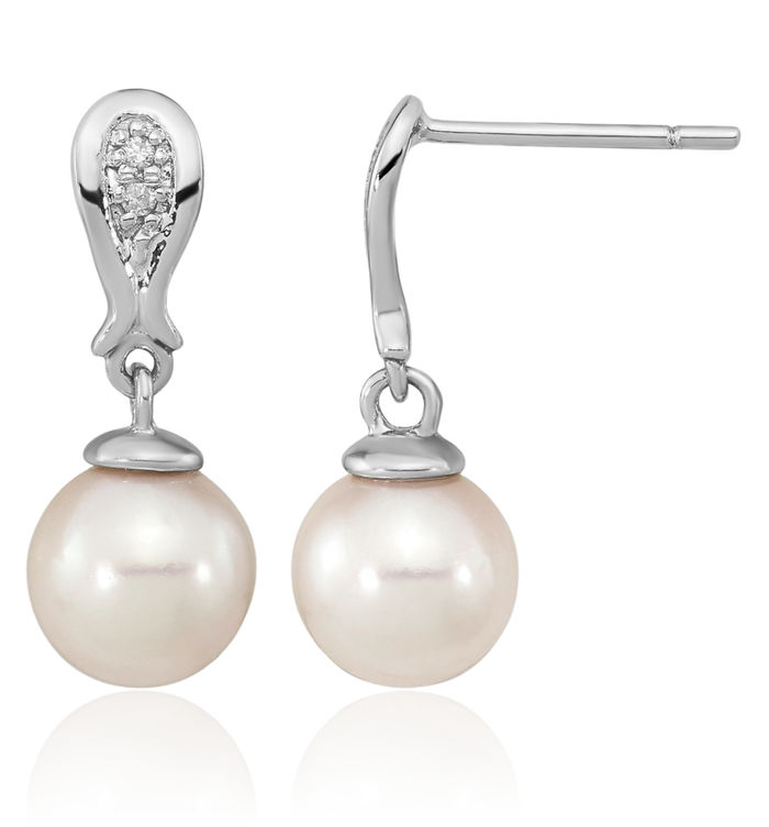 14K Solid White Gold 7mm Round Akoya Saltwater Cultured Pearl Diamond Post Drop Dangle Earrings