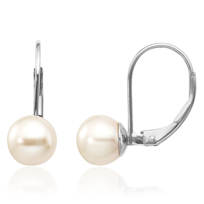 14K Solid White Gold 7mm Round Freshwater Cultured Pearl Drop Dangle Earrings Gemstone