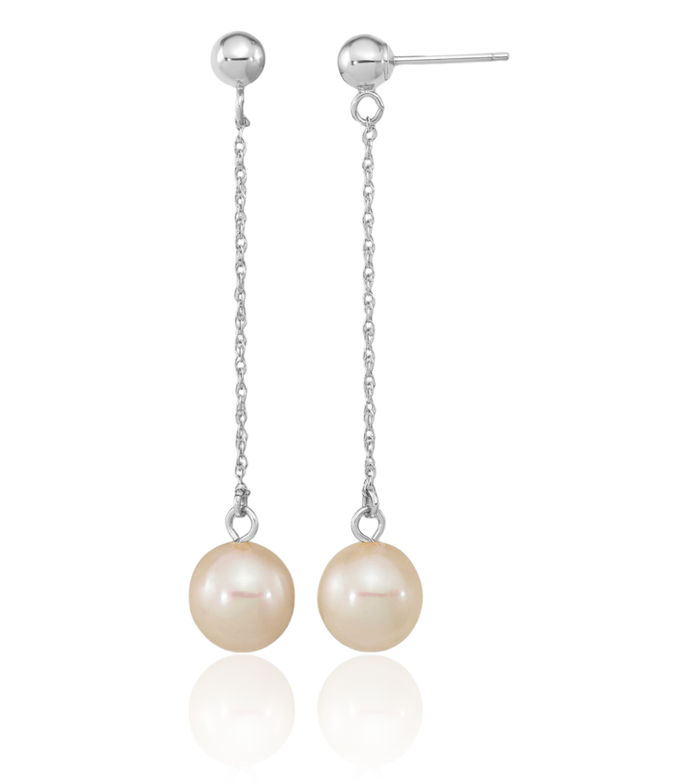 14K Solid White Gold 7mm Round Freshwater Cultured Pearl Post Drop Dangle Earrings