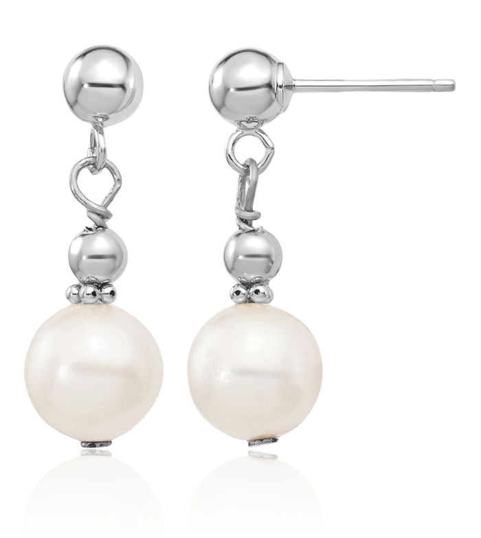 14K Solid White Gold 7mm Round Freshwater Cultured Pearl Post Drop Dangle Earrings