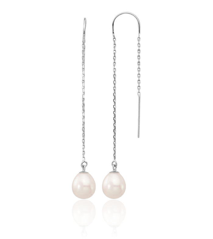 14K Solid White Gold 7mm Teardrop Freshwater Cultured Pearl Threader Drop Dangle Earrings