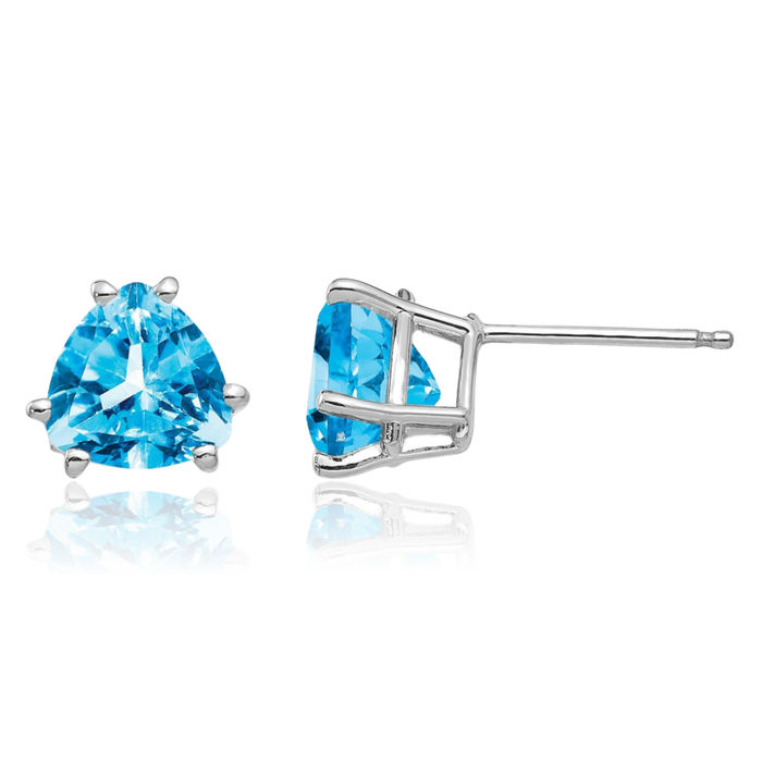 14K Solid White Gold 7mm Trillion Swiss Blue Topaz Studs Gemstone Solitaire Earrings December Birthstone Jewelry