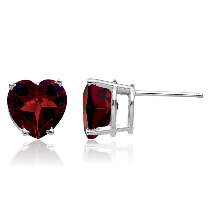 14K Solid White Gold 8mm Heart Red Garnet Studs Gemstone Earrings January Birthstone Jewelry