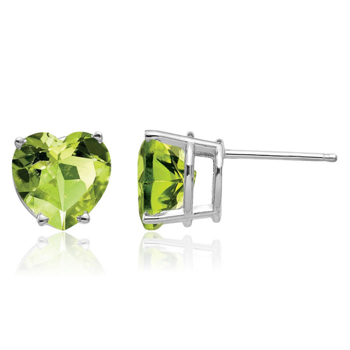 14K Solid White Gold 8mm Heart Green Peridot Studs Gemstone Earrings August Birthstone Jewelry