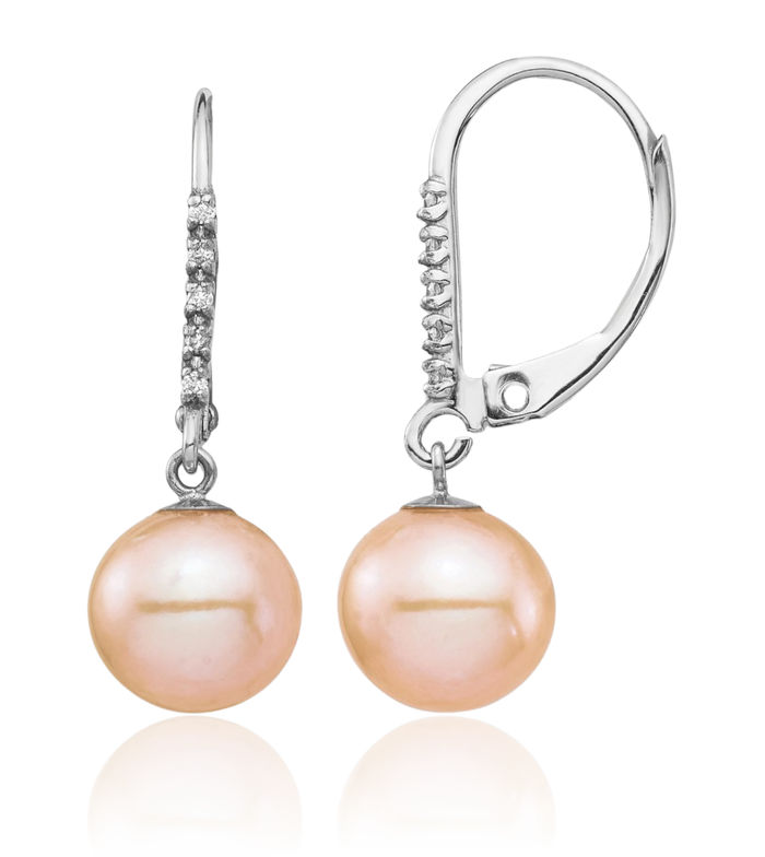 14K Solid White Gold 8mm Pink Round Freshwater Cultured Pearl Diamond Drop Dangle Earrings Gemstone