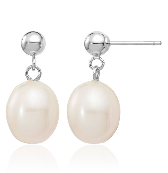 14K Solid White Gold 8mm Rice Freshwater Cultured Pearl Post Drop Dangle Earrings