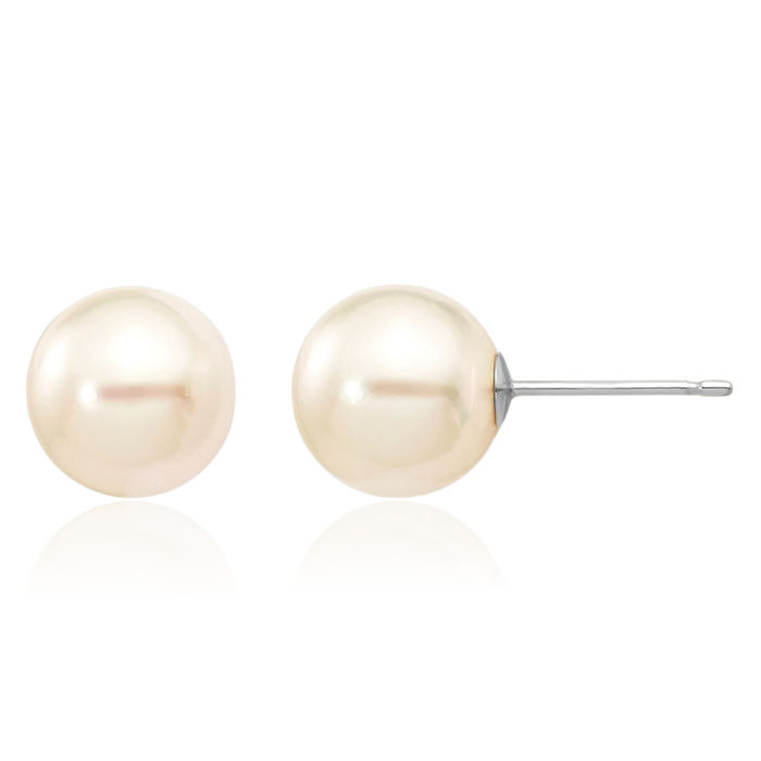 14K Solid White Gold 8mm Round Akoya Saltwater Cultured Pearl Stud Earrings