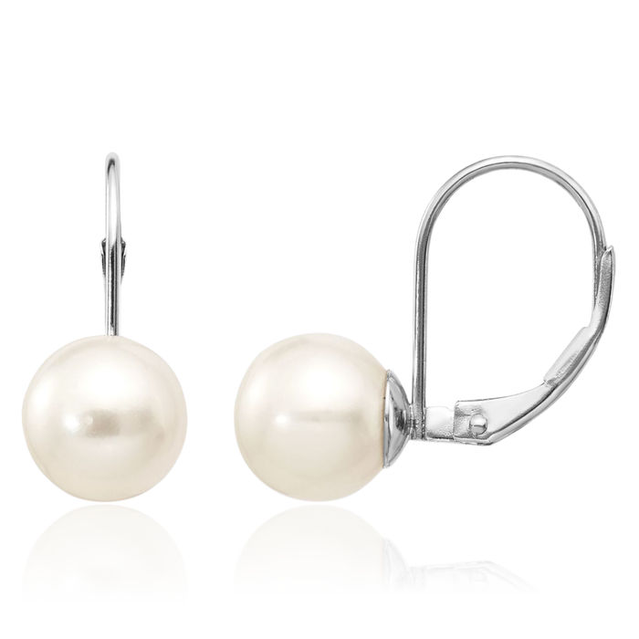 14K Solid White Gold 8mm Round Freshwater Cultured Pearl Drop Dangle Earrings Gemstone