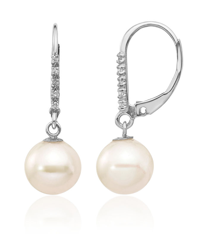 14K Solid White Gold 8mm Round Freshwater Cultured Pearl Diamond Drop Dangle Earrings