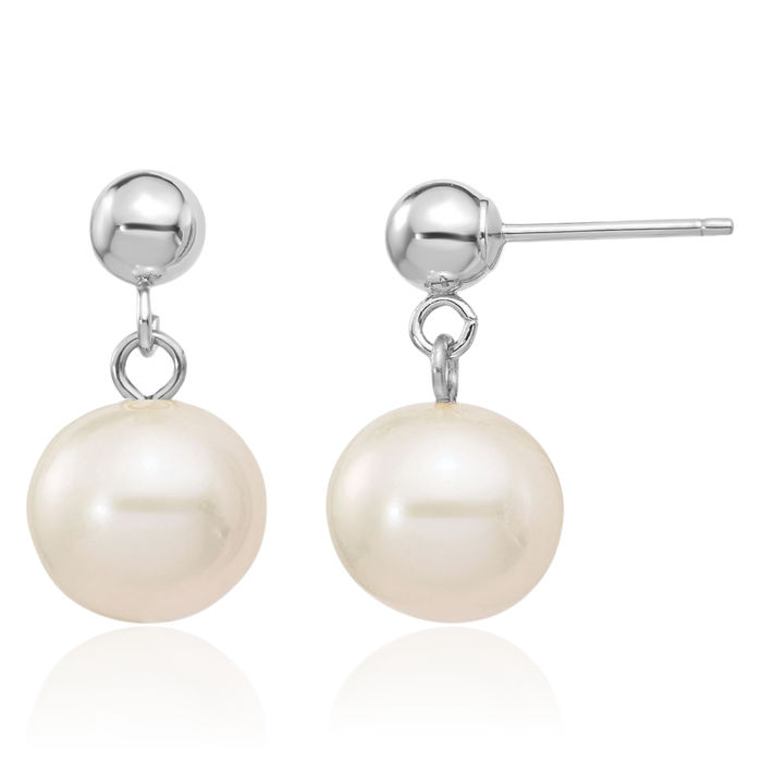 14K Solid White Gold 8mm Round Freshwater Cultured Pearl Post Drop Dangle Earrings