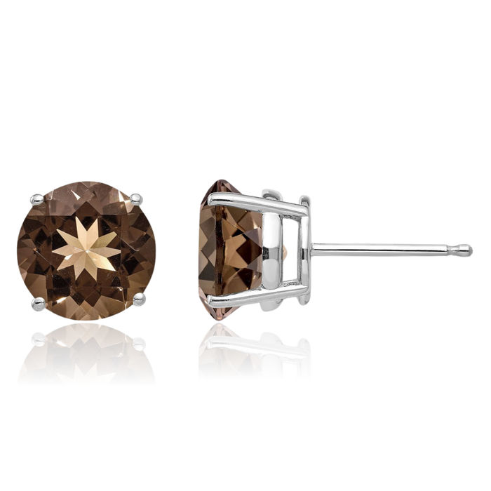 14K Solid White Gold 8mm Round Brown Smoky Quartz Studs Gemstone Solitaire Earrings June Birthstone Jewelry