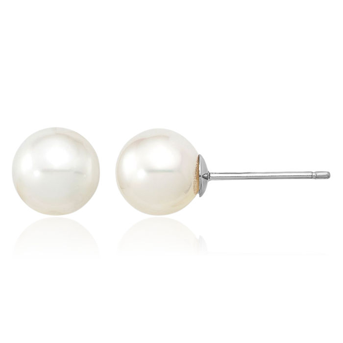 14K Solid White Gold 8mm Round South Sea Saltwater Cultured Pearl Stud Earrings