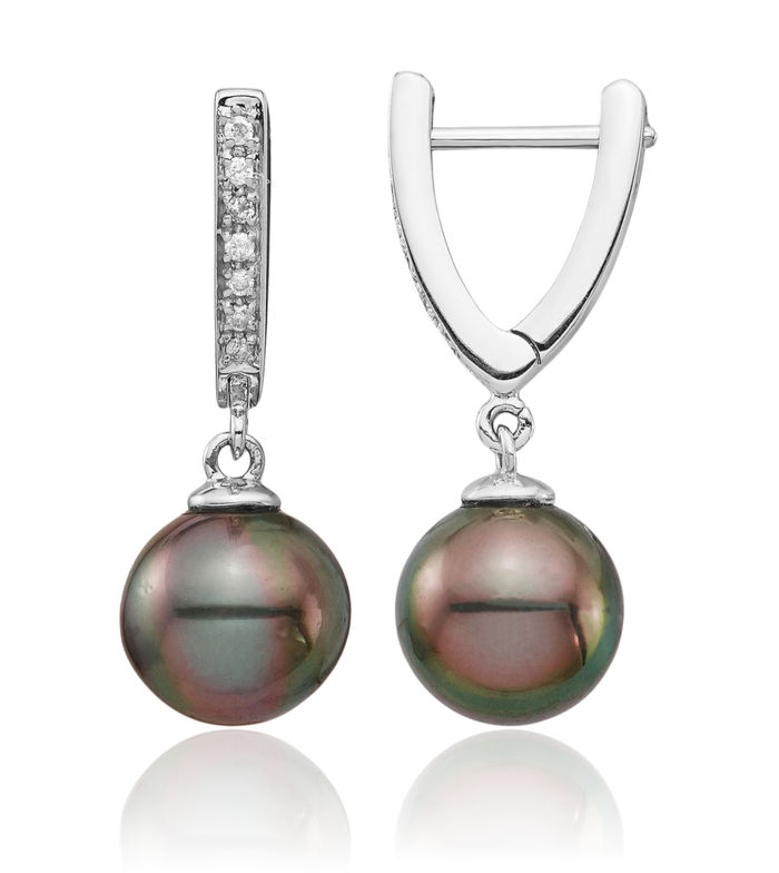 14K Solid White Gold 9mm Black Round Tahitian Saltwater Cultured Pearl .10 Diamond Drop Dangle Earrings